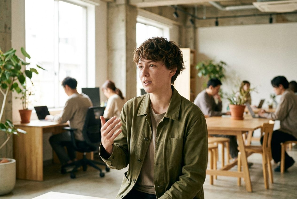 A founder speaking in a bright open-plan office
